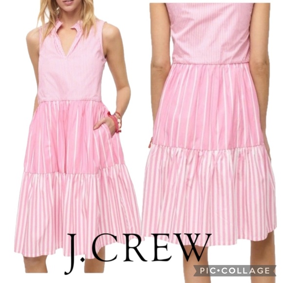 J.Crew Sleeveless Seersucker Tiered Popover Mixed Stripe Pink Poplin Dress Siz S - Picture 1 of 13